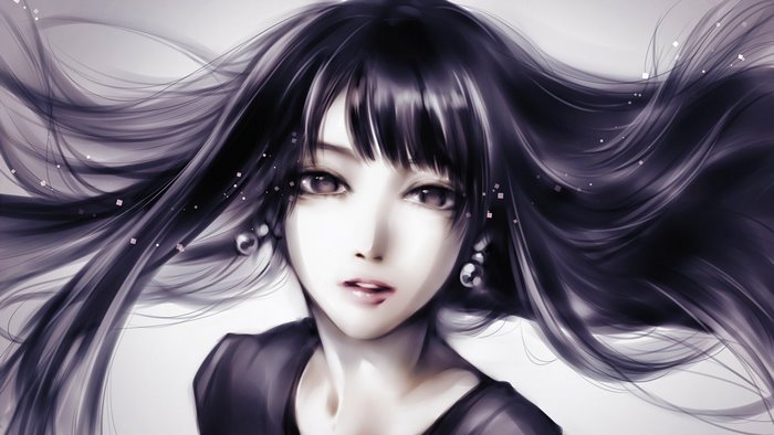 Anime girl with long black hair and earrings