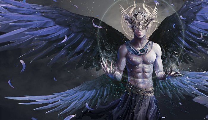 Fantasy angel with blue wings and ornate mask