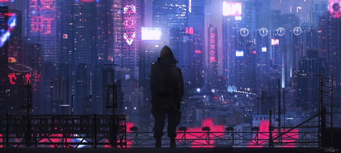 Person in hoodie overlooking neon cityscape