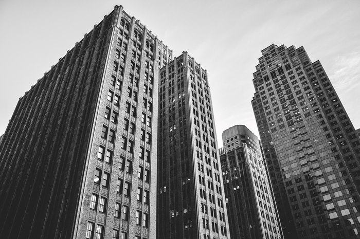 Monochrome view of skyscrapers in a city