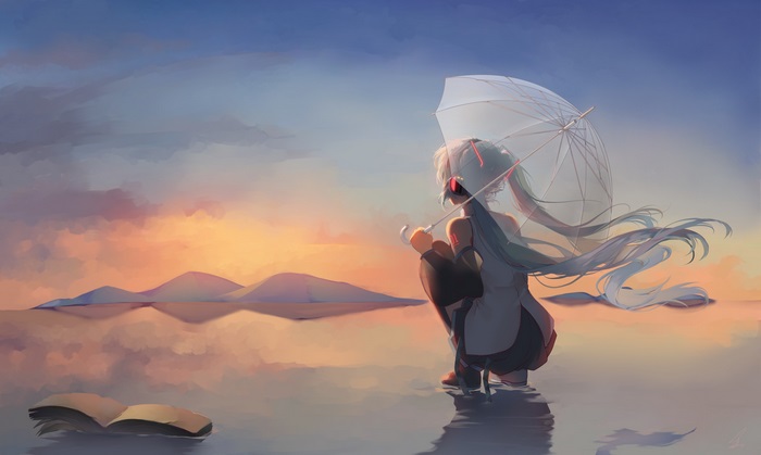 Hatsune Miku with umbrella by a lake at sunset