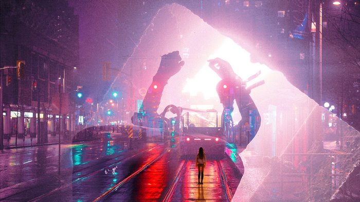 Digital art of a woman in a futuristic city