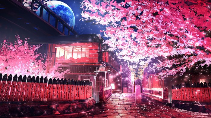 Anime scene with cherry blossoms and a large moon