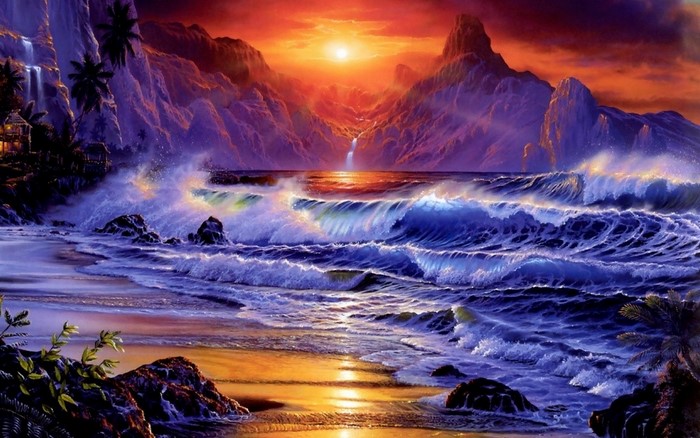 Fantasy ocean sunset with waves and mountains