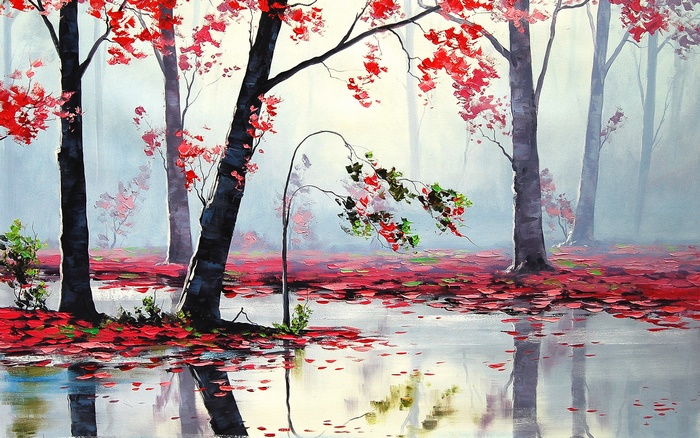 Autumn forest with red leaves and reflections in water