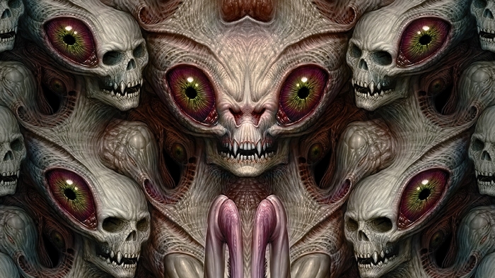 Alien Skull Horde with Menacing Eyes and Fangs