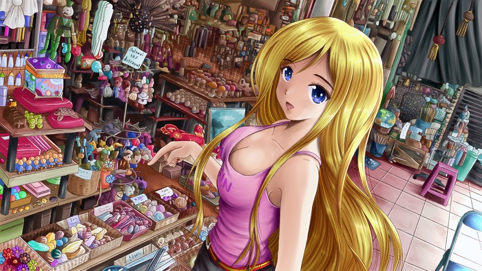 Blonde Girl in Candy Shop with Sensual Gaze