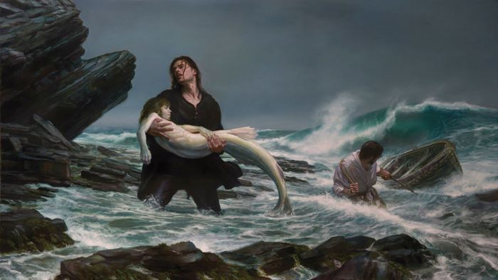 Man carrying a mermaid ashore during a storm