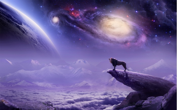 Lion roaring on a cliff overlooking mountains and galaxy