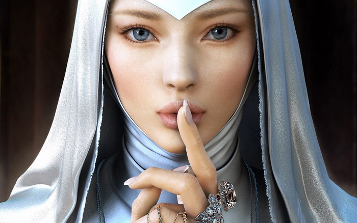 Woman in nun costume with finger to lips