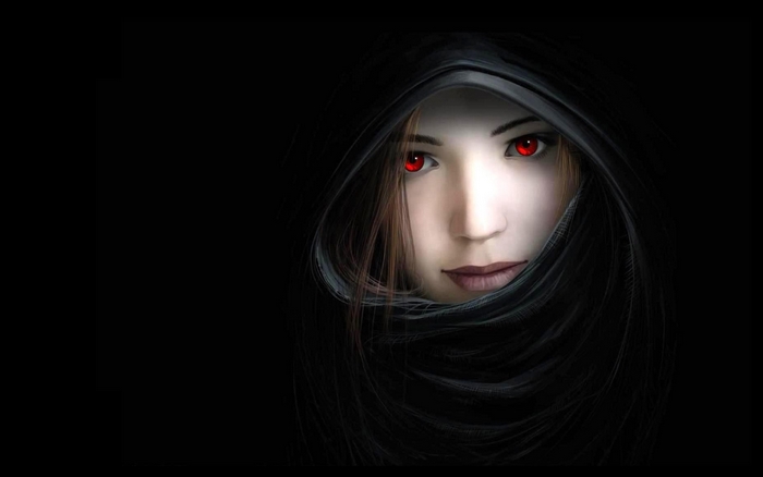 Mysterious Woman with Red Eyes and Hood
