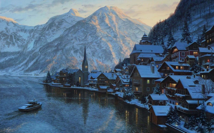 Winter Evening in Austrian Alps Village
