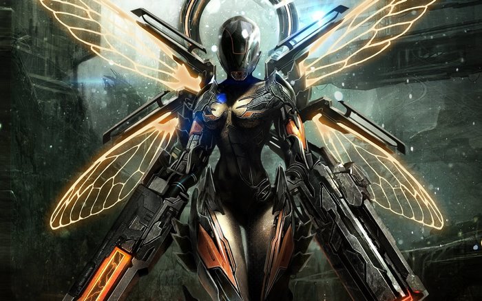 Futuristic Cyborg Fairy with Dual Weapons