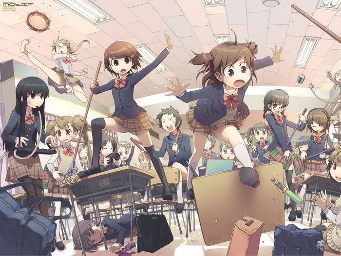 Energetic Schoolgirls in Classroom Chaos