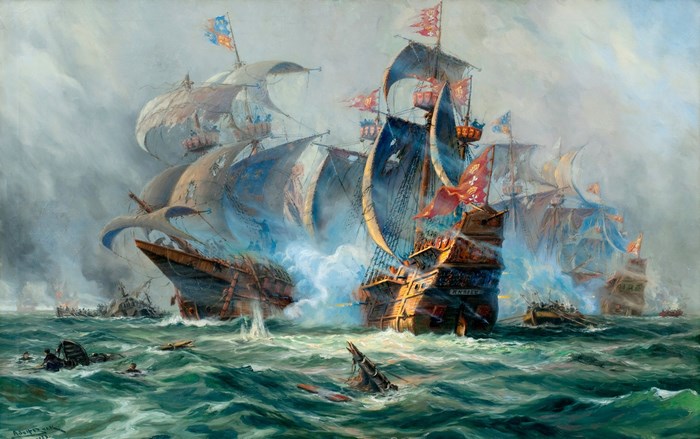Painting of a naval battle with sailing ships on the ocean