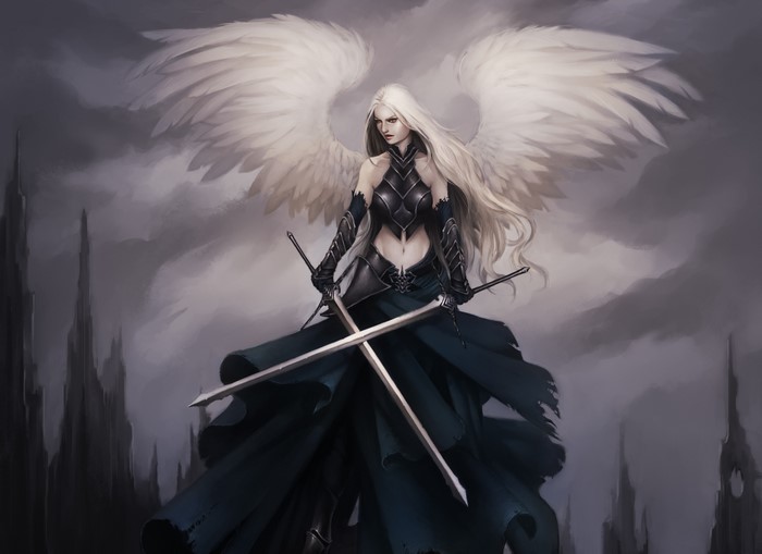 Angel warrior with swords and wings