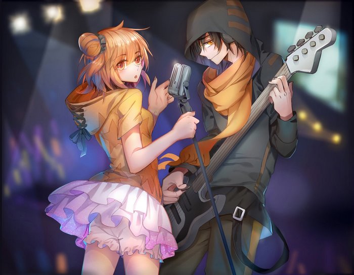 Anime couple singing and playing guitar on stage