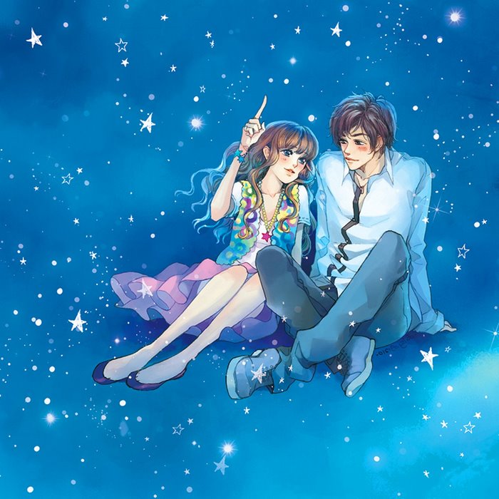 Couple sitting in a starry blue sky