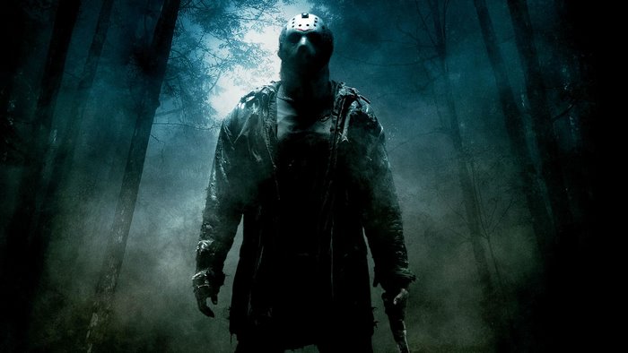 Jason Voorhees from Friday the 13th in a dark forest
