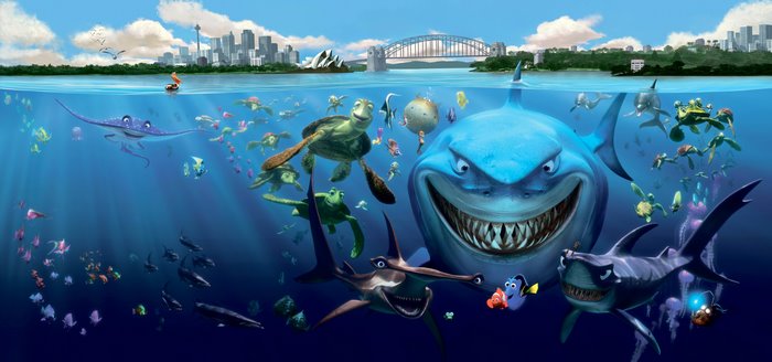 Finding Nemo underwater scene with sharks and turtles