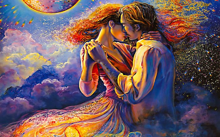 Couple dancing under a disco ball in the sky