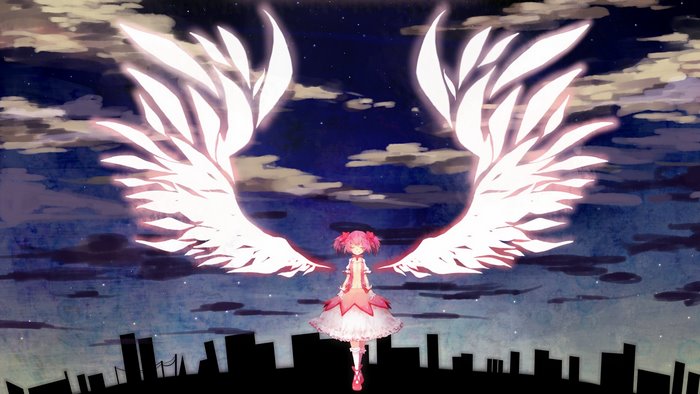 Madoka Kaname with Angel Wings in City at Night