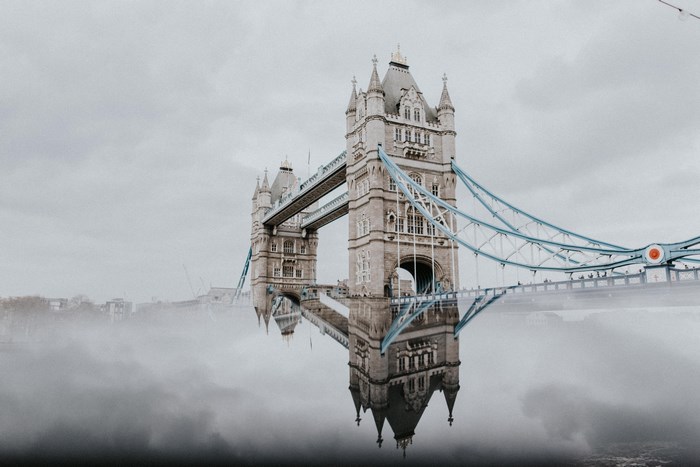 Tower Bridge London reflected in fog