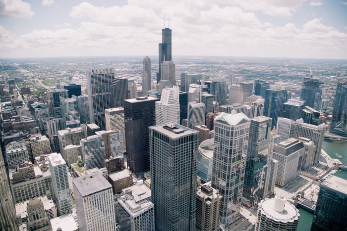 Chicago cityscape with skyscrapers and clouds
