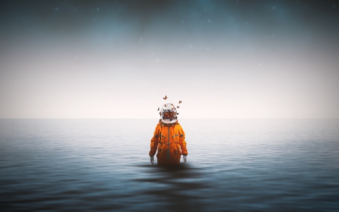 Astronaut in water with butterflies 4K