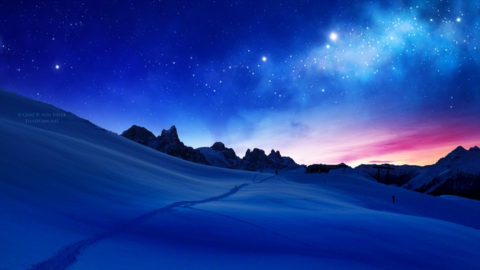 Snowy mountains under a starry night sky with sunset colors