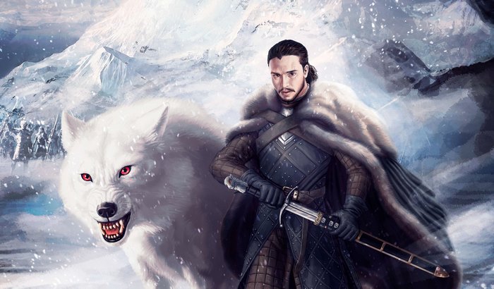 Jon Snow with Direwolf in Snowy Landscape 4K