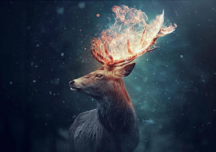 Deer with flaming antlers in a dark forest