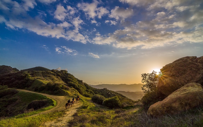 People riding horses on a mountain trail at sunset