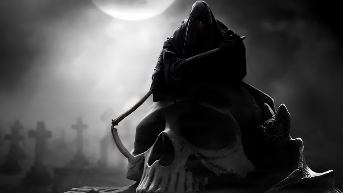 Grim Reaper on a Skull in a Graveyard