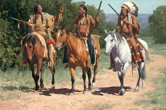 Three Native Americans on horseback with rifles