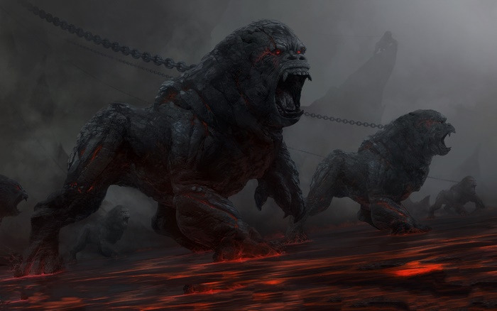 Fierce Demonic Gorillas Roaring in Fiery Hellscape