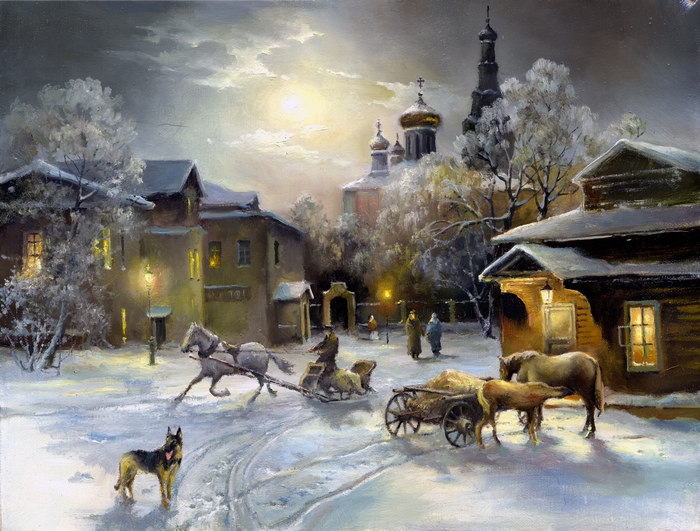 Winter Evening with Church, Horse, and Dog