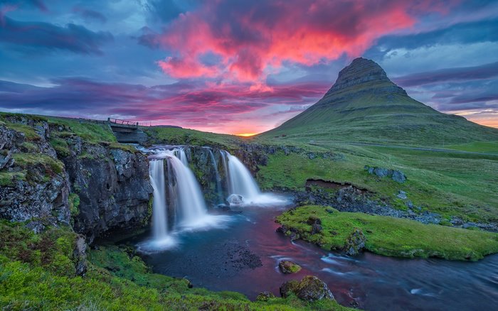 Kirkjufell mountain and waterfall at sunset, Iceland