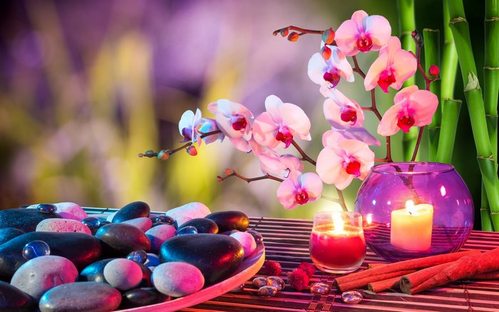 Orchids and Candlelight with Bamboo and Stones