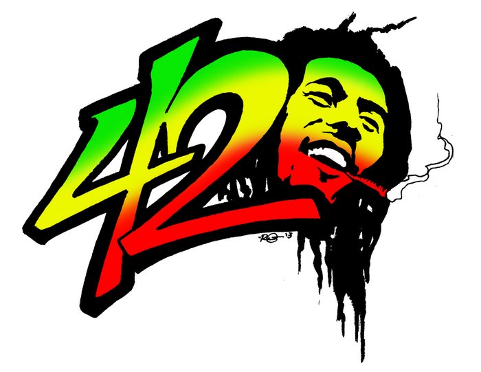 Bob Marley smoking marijuana with "420" text
