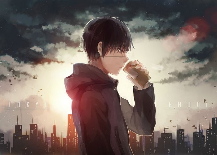 Ken Kaneki from Tokyo Ghoul drinking coffee