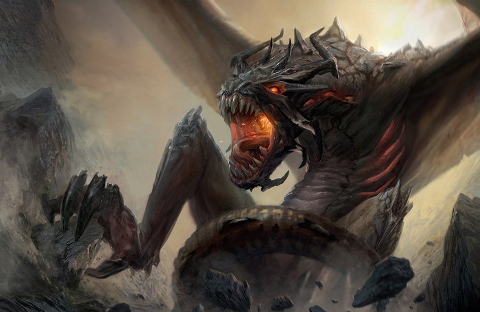 A fearsome dragon with glowing eyes erupts from rocky terrain