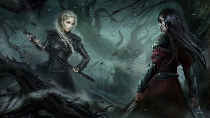 Two female warriors in a dark fantasy forest