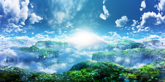 Floating islands in the sky with clouds and sun