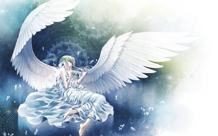 Ethereal Anime Angel with Flowing Wings and Dress