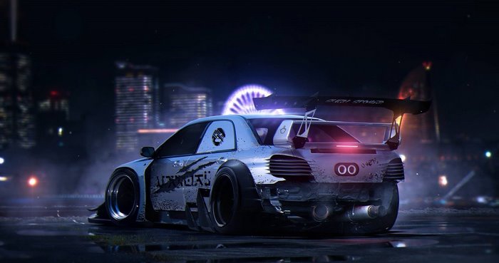 Subaru WRX STI drift car in a neon city at night