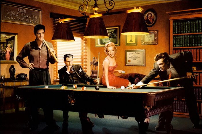 Elvis Presley, Marilyn Monroe, James Dean playing pool