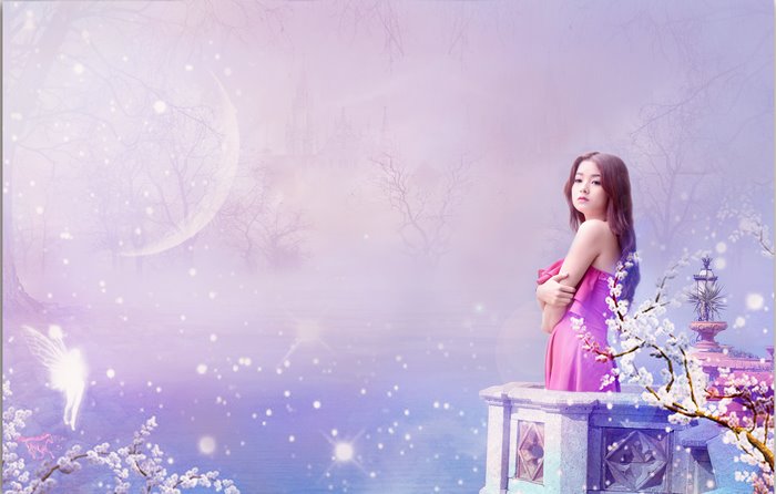 Young Asian woman in pink dress on balcony with fairy