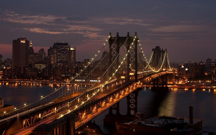Manhattan Bridge at Night with City Lights
