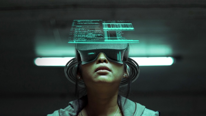 Woman wearing VR headset with holographic displays